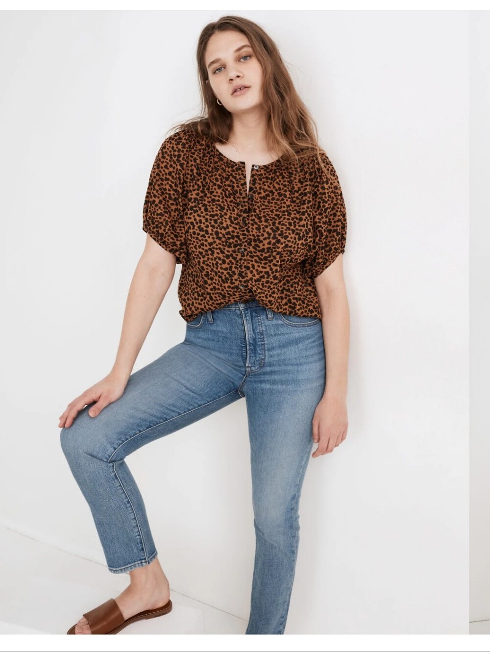 Madewell Leopard Balloon Sleeve Button Up Top painted leopard Small neutral